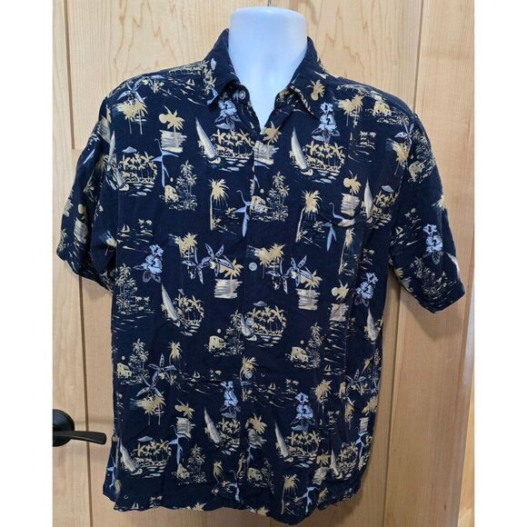 Tropical Paradise Gold Hawaiian Mens Shirt Large Navy & Yellow - Picture 1 of 6